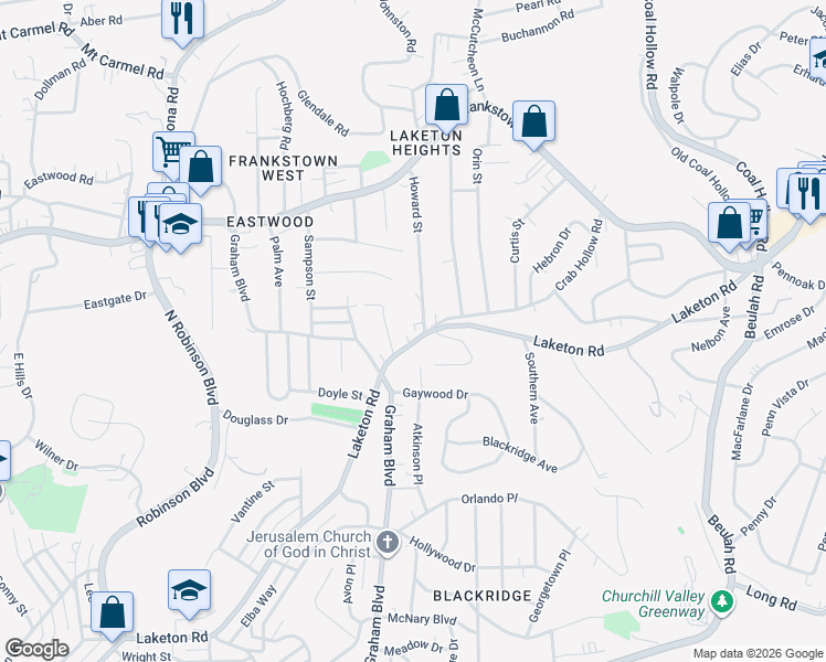 map of restaurants, bars, coffee shops, grocery stores, and more near 2620 Laketon Road in Pittsburgh