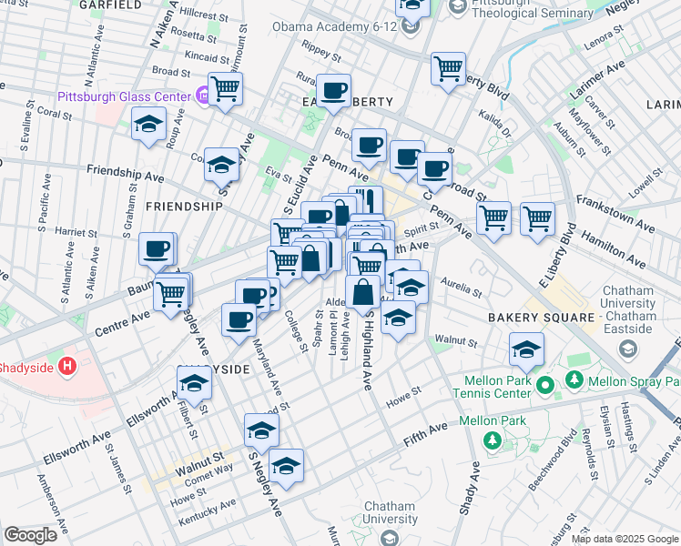 map of restaurants, bars, coffee shops, grocery stores, and more near 229 Lehigh Avenue in Pittsburgh