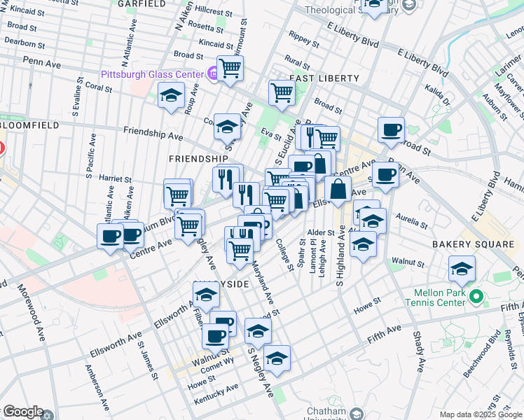 map of restaurants, bars, coffee shops, grocery stores, and more near 5820 Centre Avenue in Pittsburgh