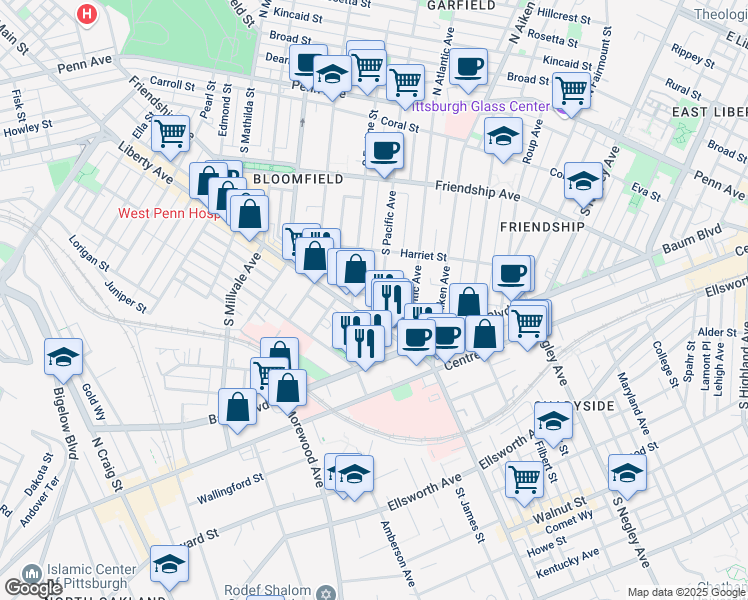 map of restaurants, bars, coffee shops, grocery stores, and more near 95164 Corday Way in Pittsburgh