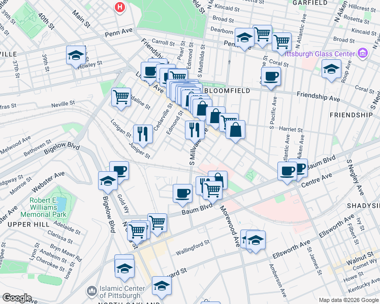 map of restaurants, bars, coffee shops, grocery stores, and more near 4921 Yew Street in Pittsburgh