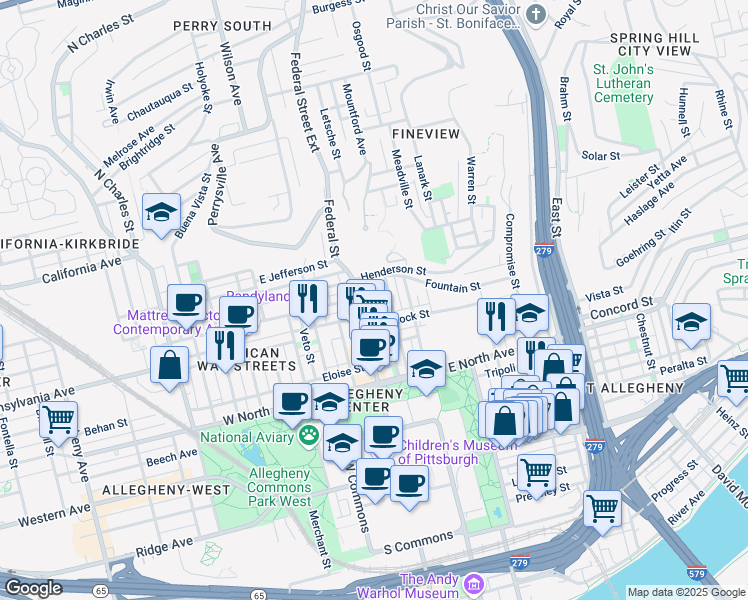 map of restaurants, bars, coffee shops, grocery stores, and more near 1416 Federal Street in Pittsburgh