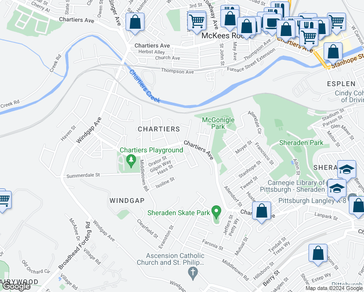 map of restaurants, bars, coffee shops, grocery stores, and more near 3621 Chartiers Avenue in Pittsburgh