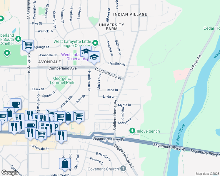 map of restaurants, bars, coffee shops, grocery stores, and more near 148 Reba Drive in West Lafayette