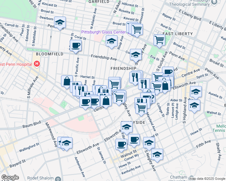 map of restaurants, bars, coffee shops, grocery stores, and more near in Pittsburgh