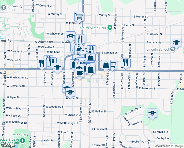 map of restaurants, bars, coffee shops, grocery stores, and more near 1 East Side Square in Macomb