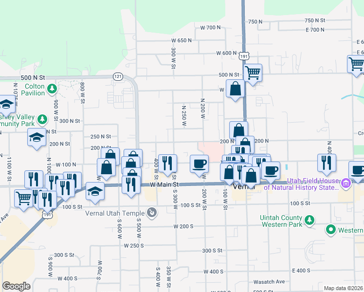 map of restaurants, bars, coffee shops, grocery stores, and more near 275 West 200 North in Vernal