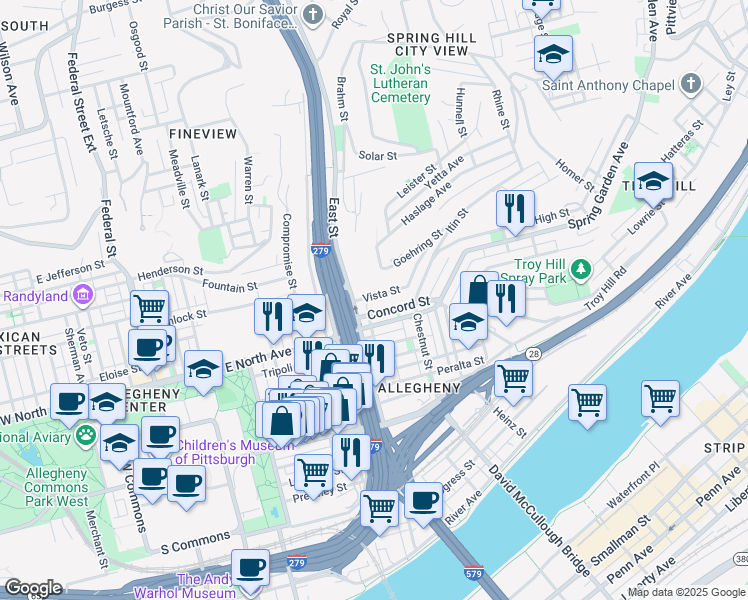 map of restaurants, bars, coffee shops, grocery stores, and more near 827 Vista Street in Pittsburgh