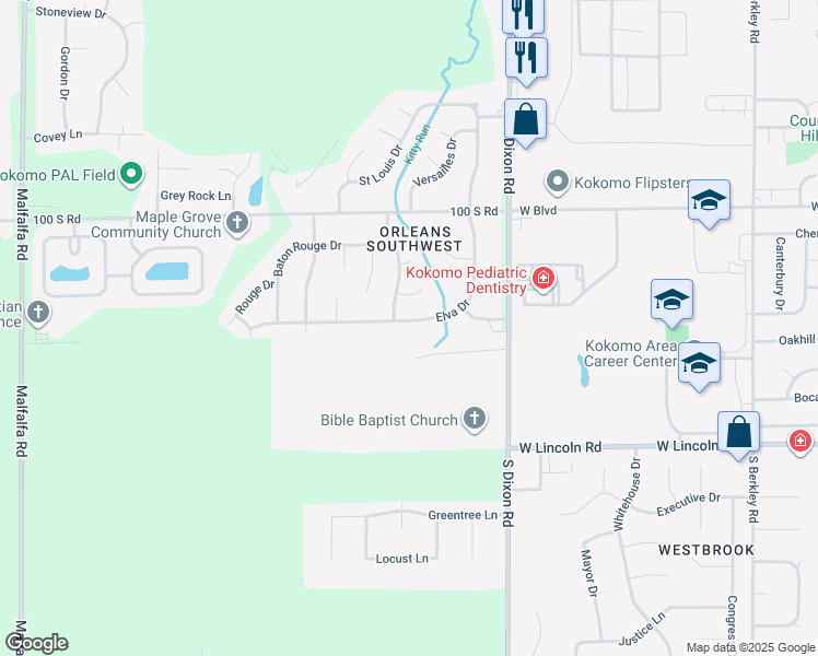 map of restaurants, bars, coffee shops, grocery stores, and more near 2607 Elva Drive in Kokomo