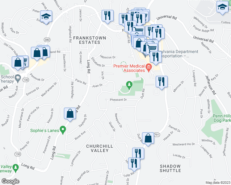 map of restaurants, bars, coffee shops, grocery stores, and more near 11807 Joan Drive in Pittsburgh
