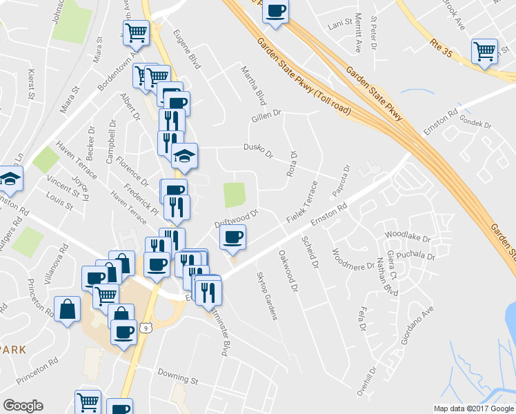 map of restaurants, bars, coffee shops, grocery stores, and more near 26 Driftwood Drive in Sayreville
