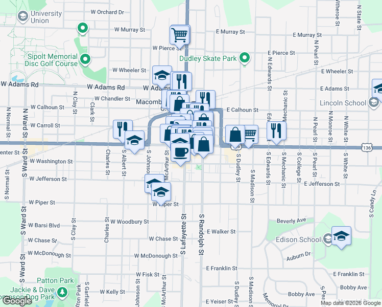 map of restaurants, bars, coffee shops, grocery stores, and more near 127 South Side Square in Macomb