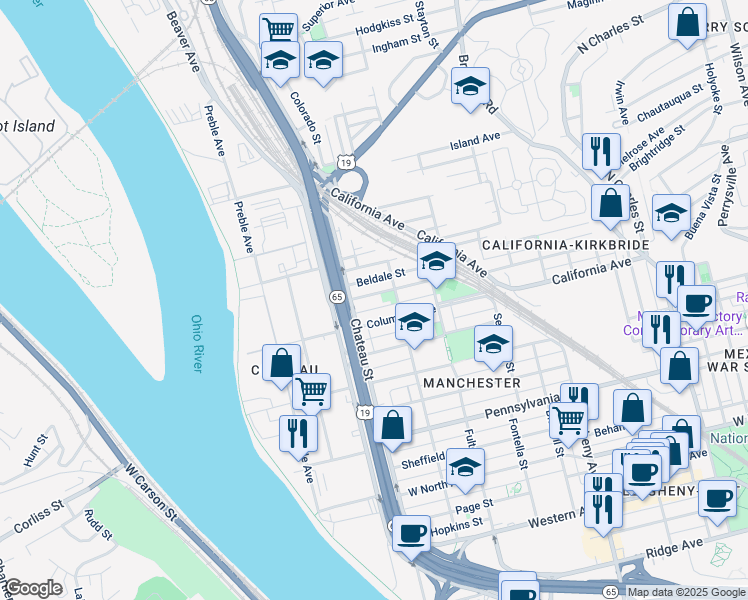 map of restaurants, bars, coffee shops, grocery stores, and more near 1427 Adams Street in Pittsburgh