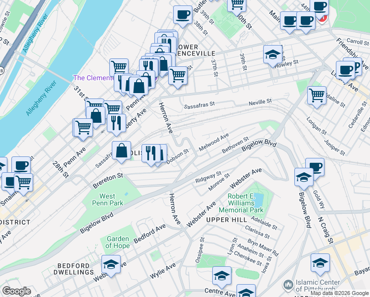 map of restaurants, bars, coffee shops, grocery stores, and more near 3218 Dobson Street in Pittsburgh