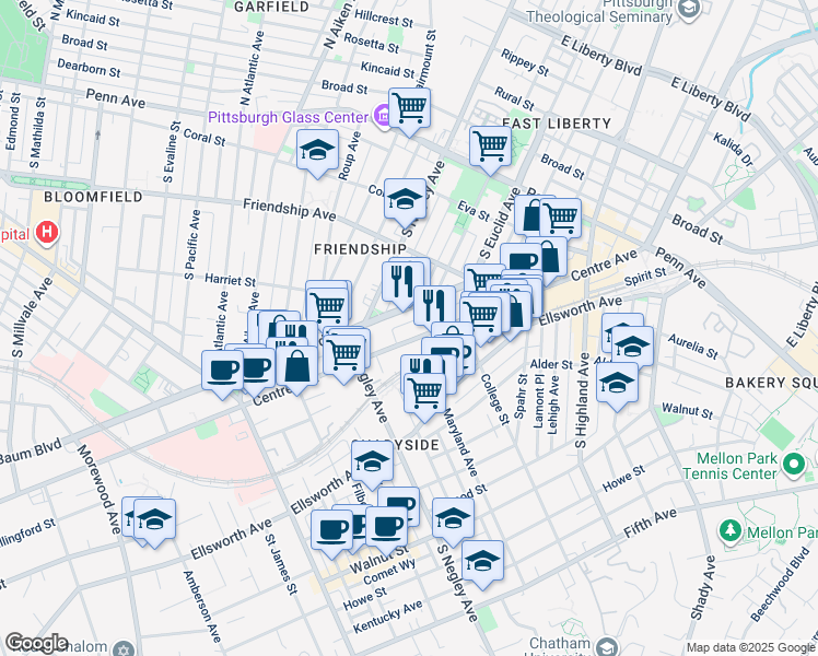 map of restaurants, bars, coffee shops, grocery stores, and more near 5765 Centre Avenue in Pittsburgh