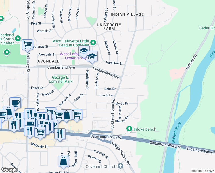 map of restaurants, bars, coffee shops, grocery stores, and more near 148 Reba Drive in West Lafayette