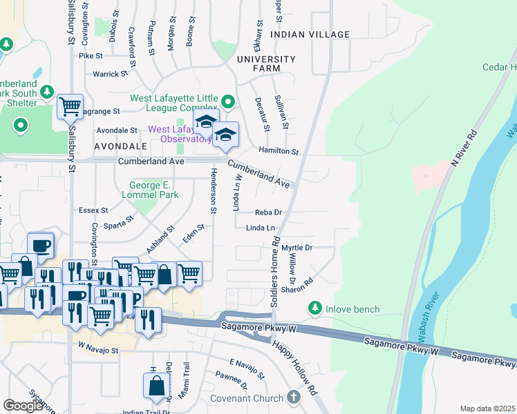map of restaurants, bars, coffee shops, grocery stores, and more near 148 Reba Drive in West Lafayette