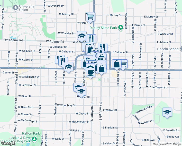 map of restaurants, bars, coffee shops, grocery stores, and more near 124 South Lafayette Street in Macomb