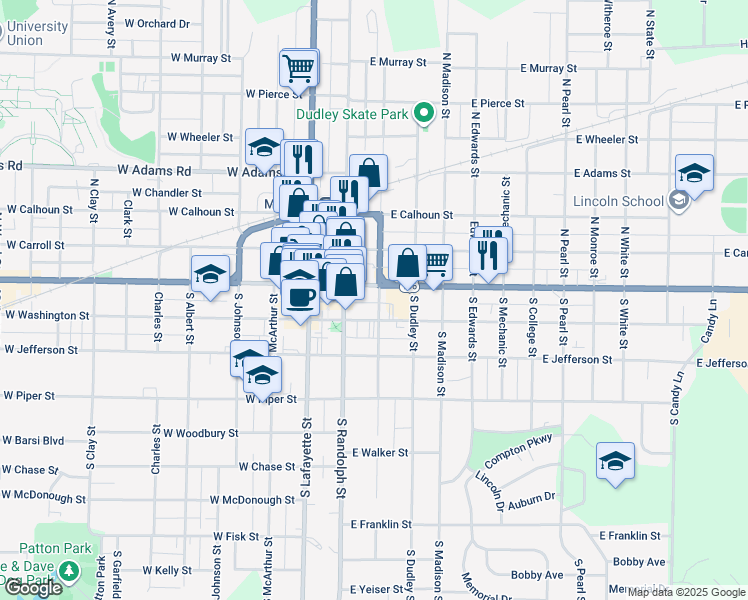 map of restaurants, bars, coffee shops, grocery stores, and more near 100 South Campbell Street in Macomb