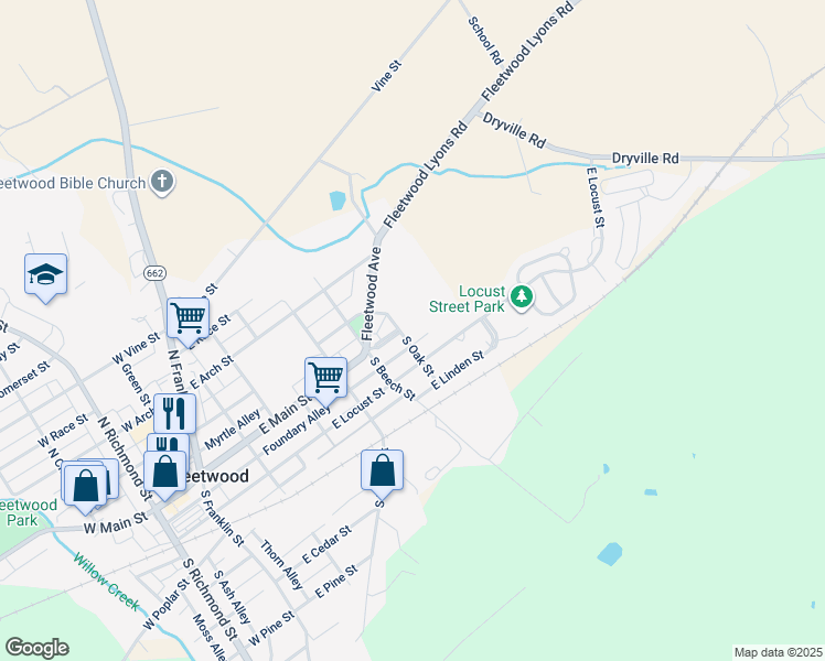 map of restaurants, bars, coffee shops, grocery stores, and more near 500 East Main Street in Fleetwood