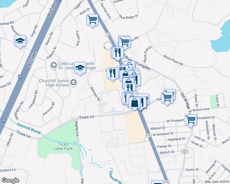 map of restaurants, bars, coffee shops, grocery stores, and more near 225 Blew Court in East Brunswick