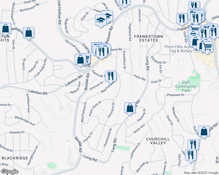 map of restaurants, bars, coffee shops, grocery stores, and more near 205 Macfarlane Drive in Pittsburgh