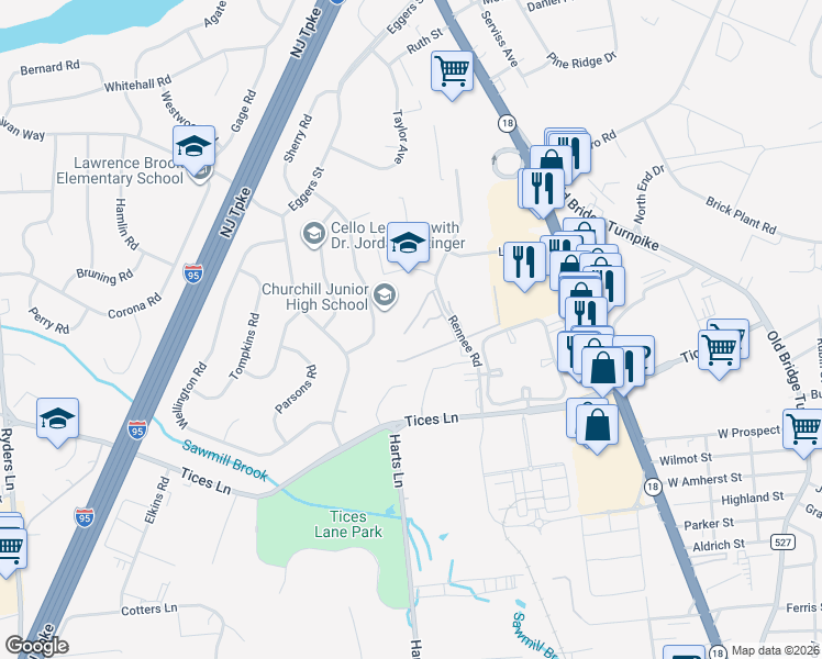 map of restaurants, bars, coffee shops, grocery stores, and more near 18 Lake Avenue in East Brunswick