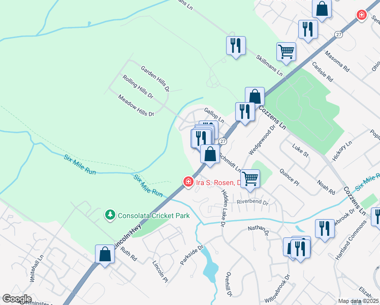 map of restaurants, bars, coffee shops, grocery stores, and more near 30 Pasture Trail in Franklin Township