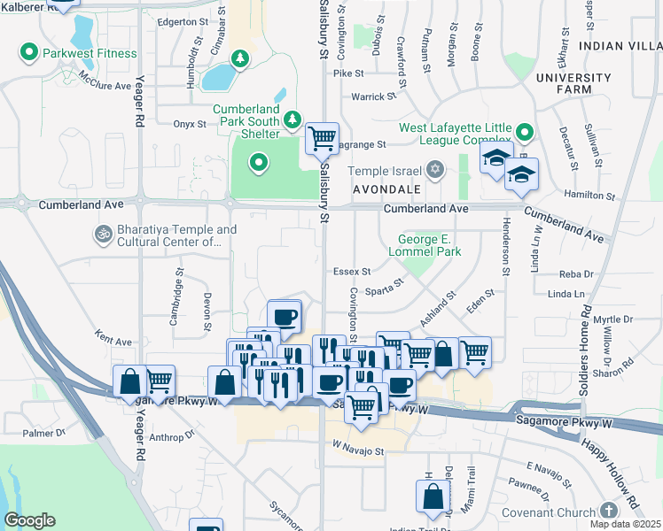 map of restaurants, bars, coffee shops, grocery stores, and more near in West Lafayette