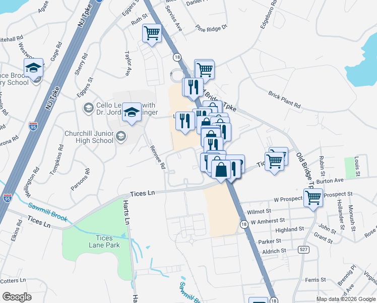 map of restaurants, bars, coffee shops, grocery stores, and more near 225 Blew Court in East Brunswick
