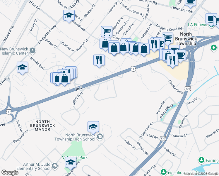 map of restaurants, bars, coffee shops, grocery stores, and more near 395 Rittenhouse Court in North Brunswick Township
