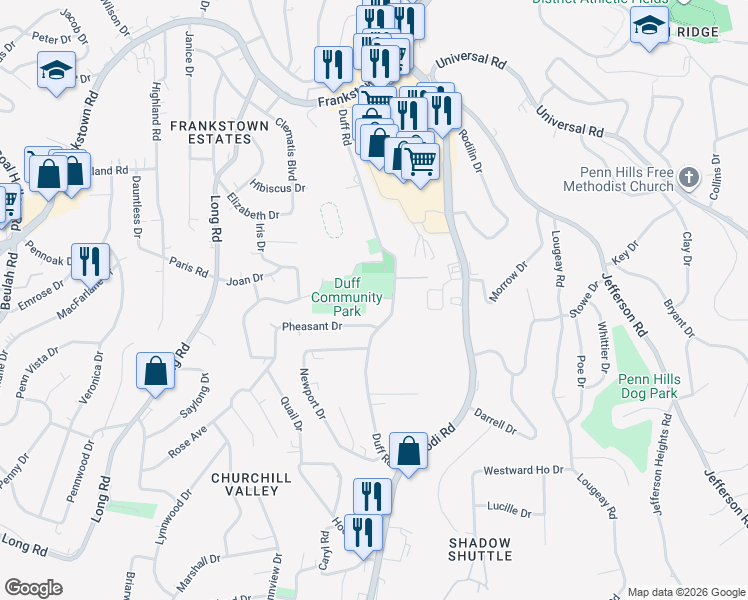 map of restaurants, bars, coffee shops, grocery stores, and more near 272 Duff Road in Pittsburgh