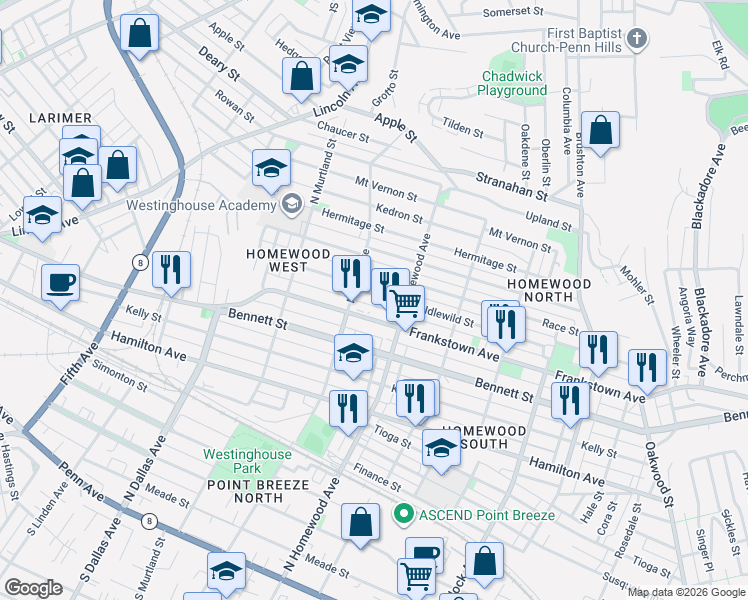 map of restaurants, bars, coffee shops, grocery stores, and more near 7119 Frankstown Avenue in Pittsburgh