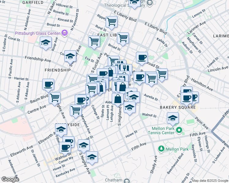 map of restaurants, bars, coffee shops, grocery stores, and more near 229 Lehigh Avenue in Pittsburgh