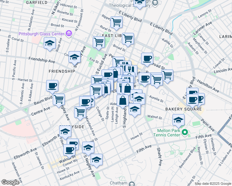 map of restaurants, bars, coffee shops, grocery stores, and more near 229 Lehigh Avenue in Pittsburgh