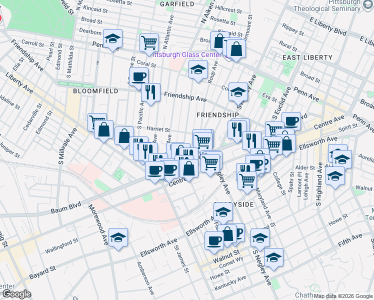 map of restaurants, bars, coffee shops, grocery stores, and more near 445 South Graham Street in Pittsburgh