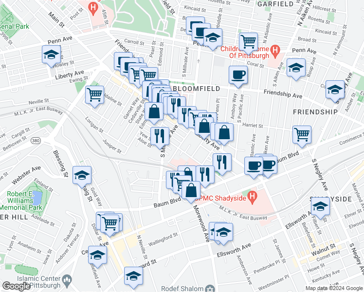 map of restaurants, bars, coffee shops, grocery stores, and more near 5013 Cypress Street in Pittsburgh