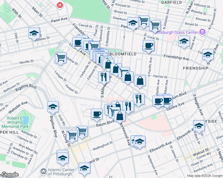 map of restaurants, bars, coffee shops, grocery stores, and more near 5013 Cypress Street in Pittsburgh