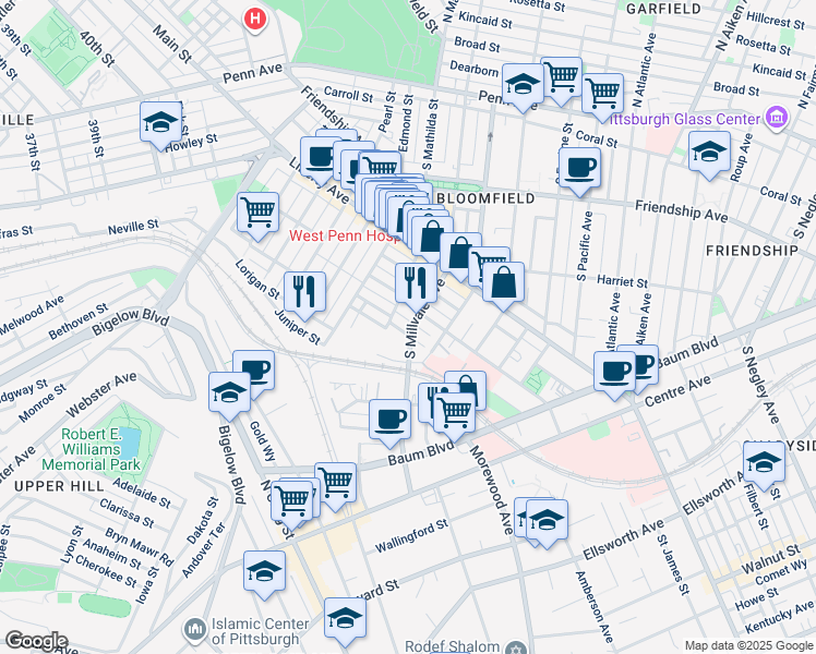 map of restaurants, bars, coffee shops, grocery stores, and more near 4921 Yew Street in Pittsburgh