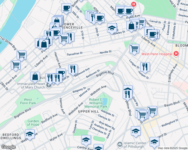 map of restaurants, bars, coffee shops, grocery stores, and more near in Pittsburgh