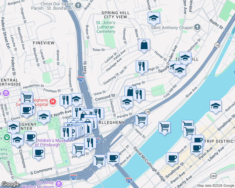 map of restaurants, bars, coffee shops, grocery stores, and more near 900 Spring Garden Avenue in Pittsburgh