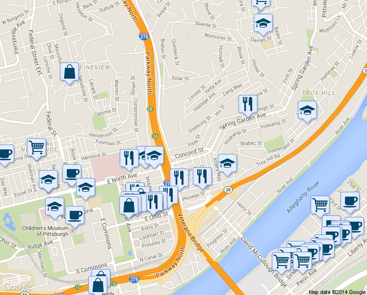 map of restaurants, bars, coffee shops, grocery stores, and more near 838 Concord Street in Pittsburgh