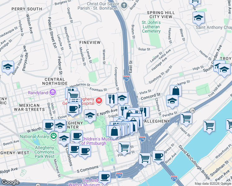map of restaurants, bars, coffee shops, grocery stores, and more near 527 Dunloe Avenue in Pittsburgh