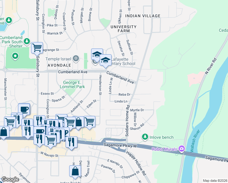 map of restaurants, bars, coffee shops, grocery stores, and more near 2755 Linda Lane in West Lafayette