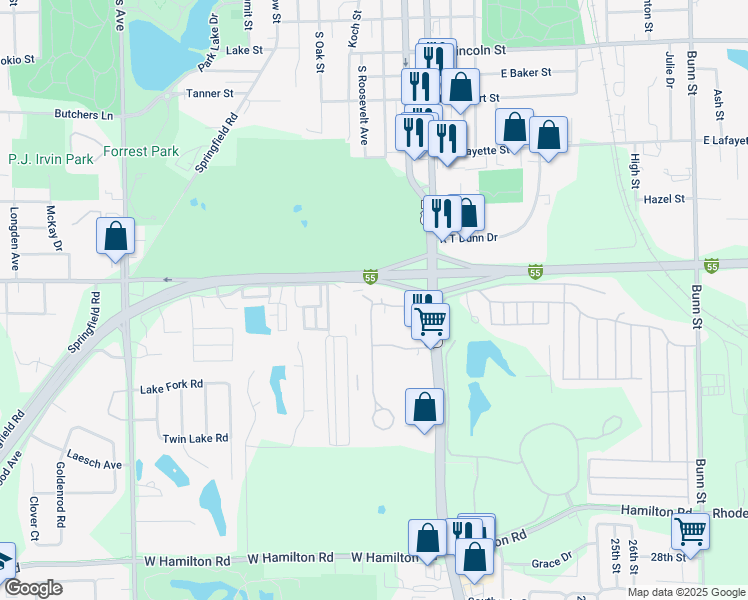map of restaurants, bars, coffee shops, grocery stores, and more near 110 Urban Street in Bloomington