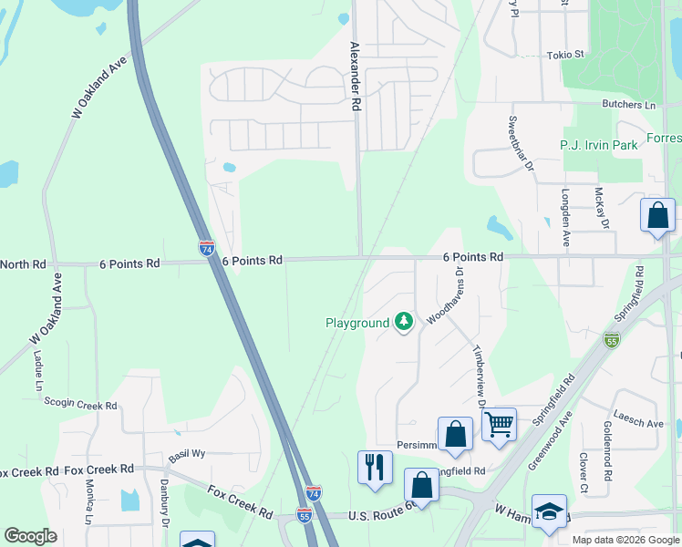 map of restaurants, bars, coffee shops, grocery stores, and more near 1604 6 Points Road in Bloomington