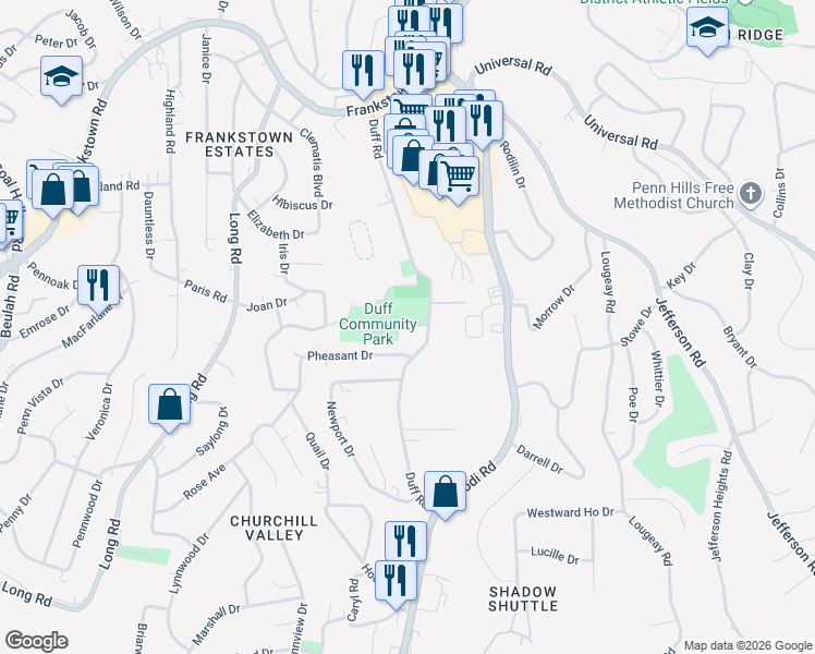 map of restaurants, bars, coffee shops, grocery stores, and more near 272 Duff Road in Pittsburgh