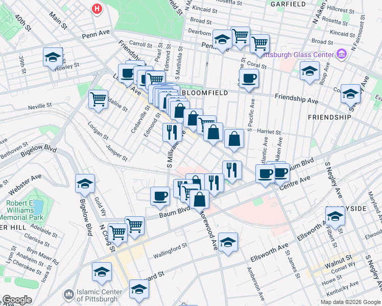 map of restaurants, bars, coffee shops, grocery stores, and more near 5013 Cypress Street in Pittsburgh
