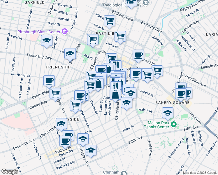 map of restaurants, bars, coffee shops, grocery stores, and more near 208 Lehigh Avenue in Pittsburgh