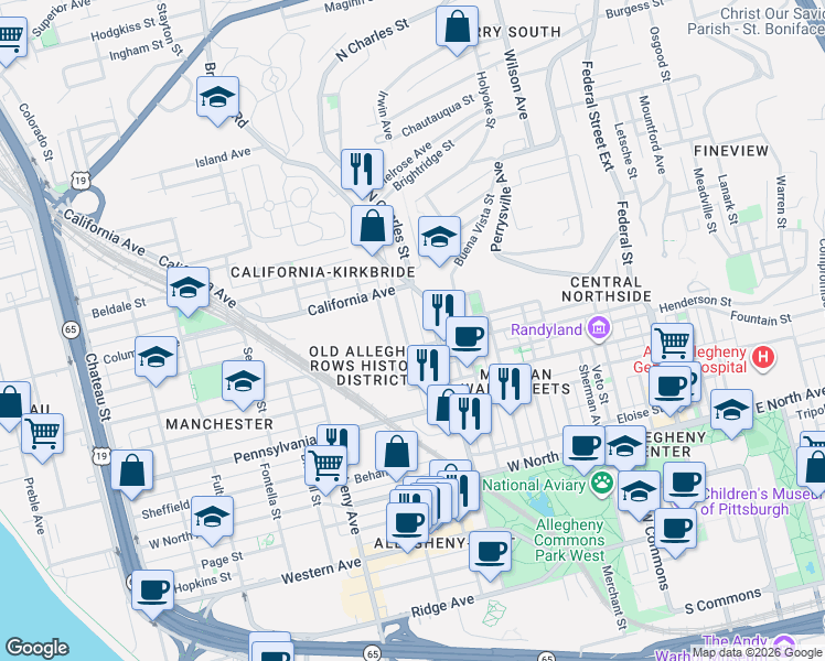 map of restaurants, bars, coffee shops, grocery stores, and more near 1609 Brighton Place in Pittsburgh